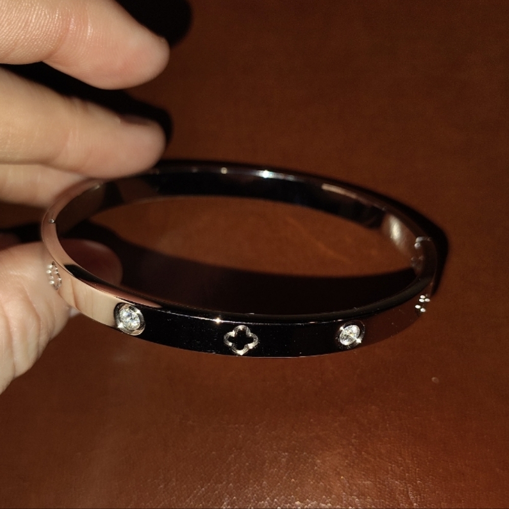 Elegant Silver Colored Bracelet with Crystal Accents Hinged Closure - Picture 6 of 7